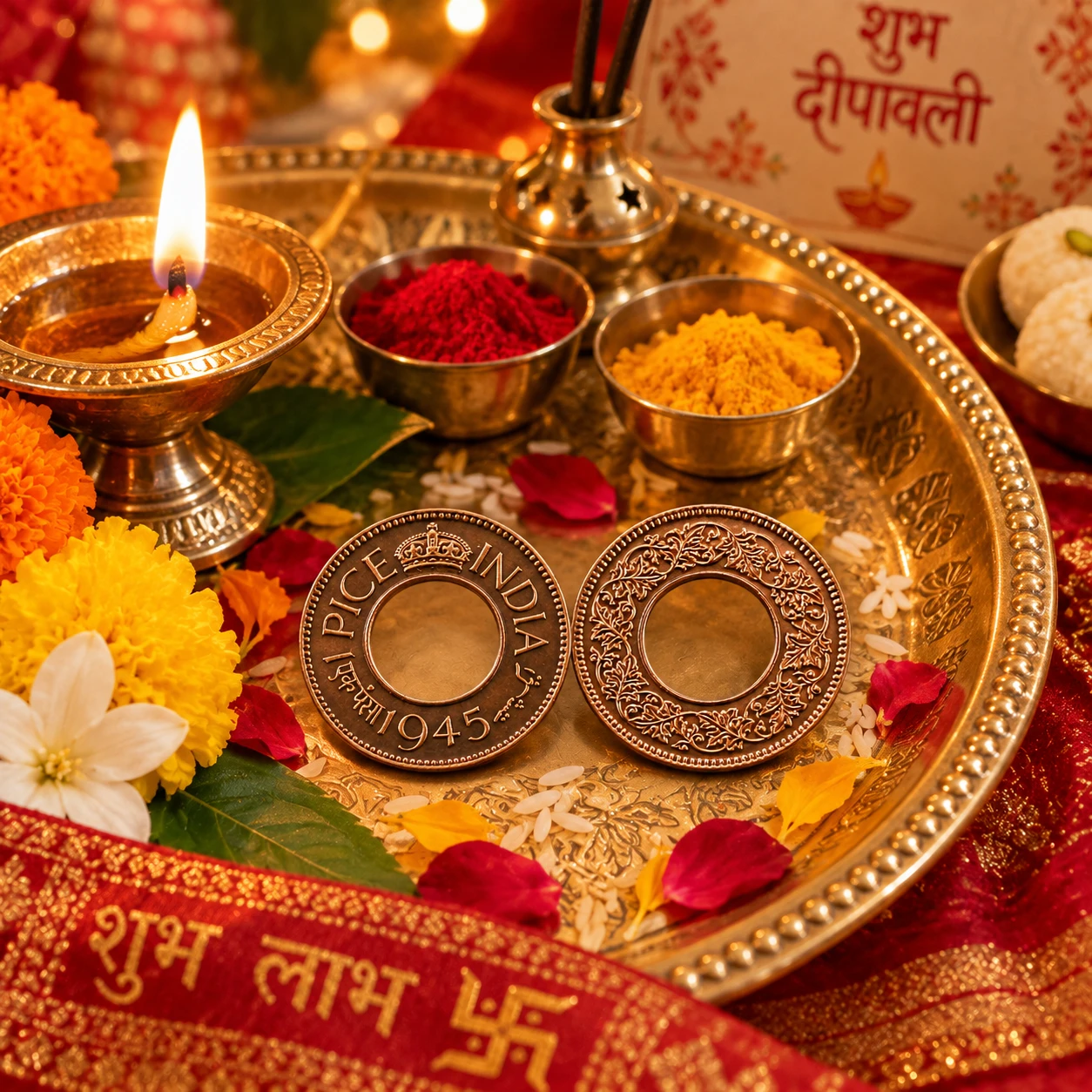 1945 India one pice coin shown front and reverse on a Diwali puja thali with diya, kumkum, turmeric and flowers