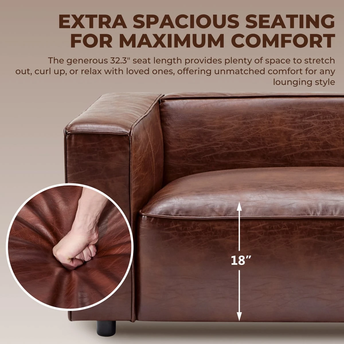 Close view of the cushioned brown seat with 18-inch height marker and softness inset detail