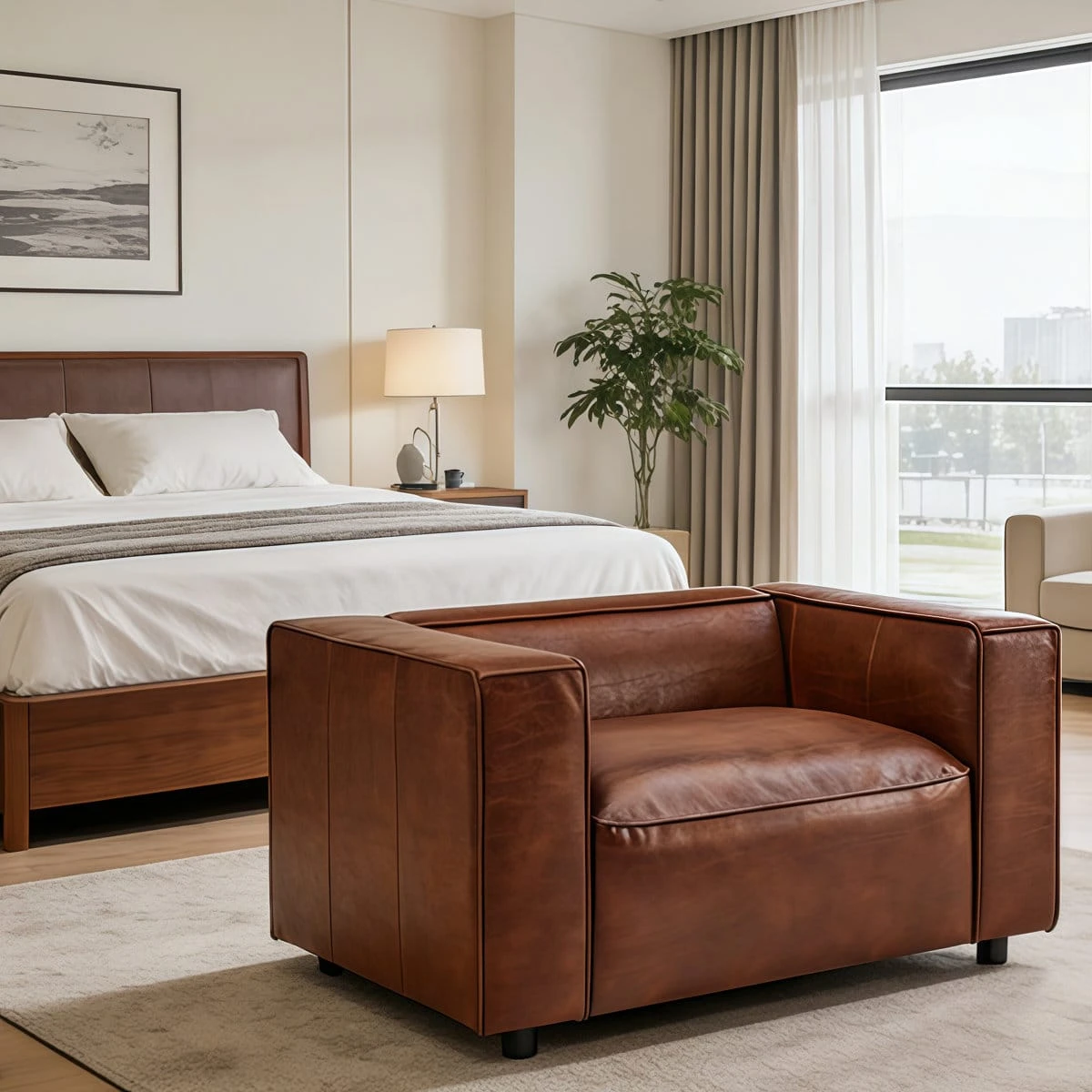 Brown faux leather armchair styled in a bedroom beside a bed on a light area rug