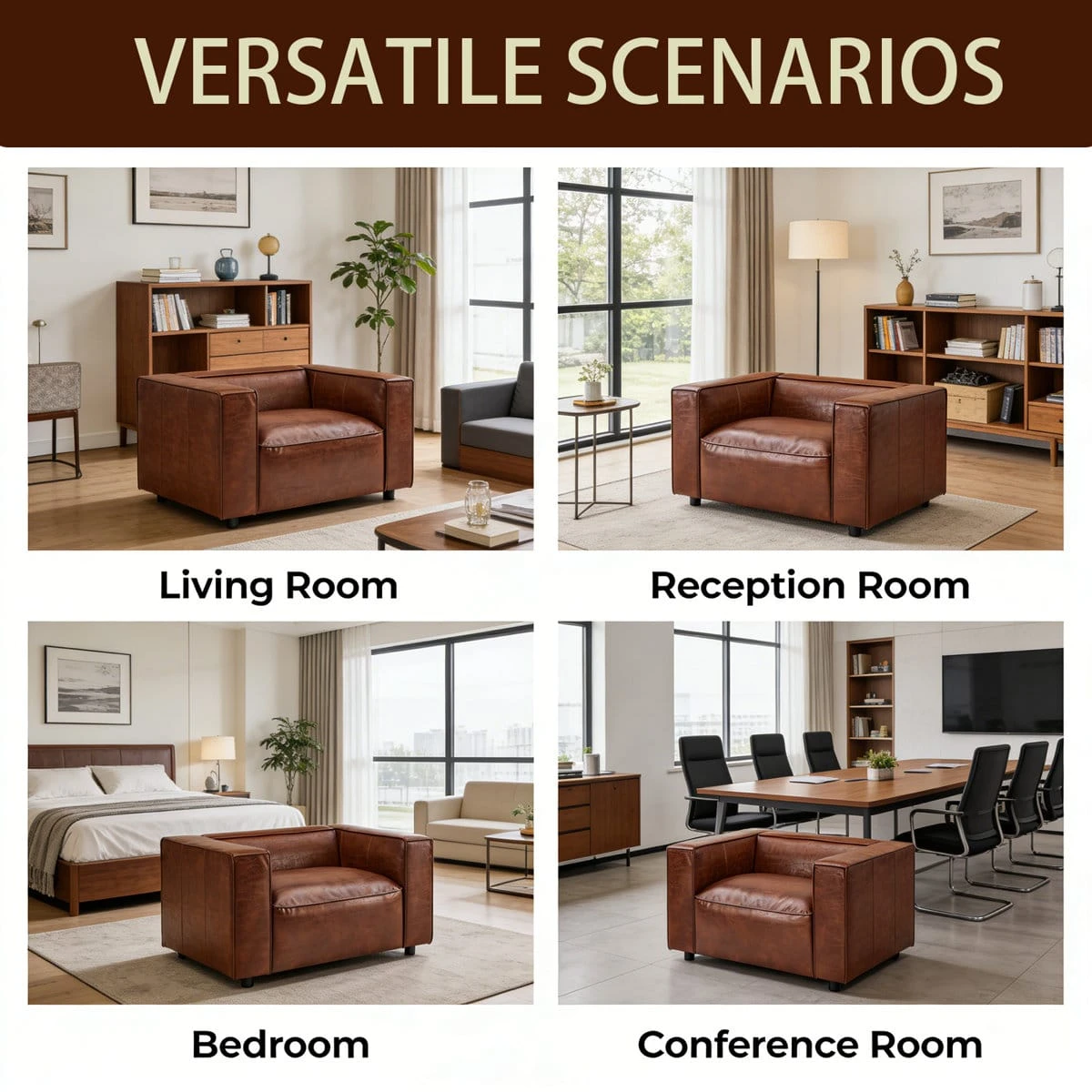 Usage collage showing the armchair placed in living room, reception room, bedroom and conference room