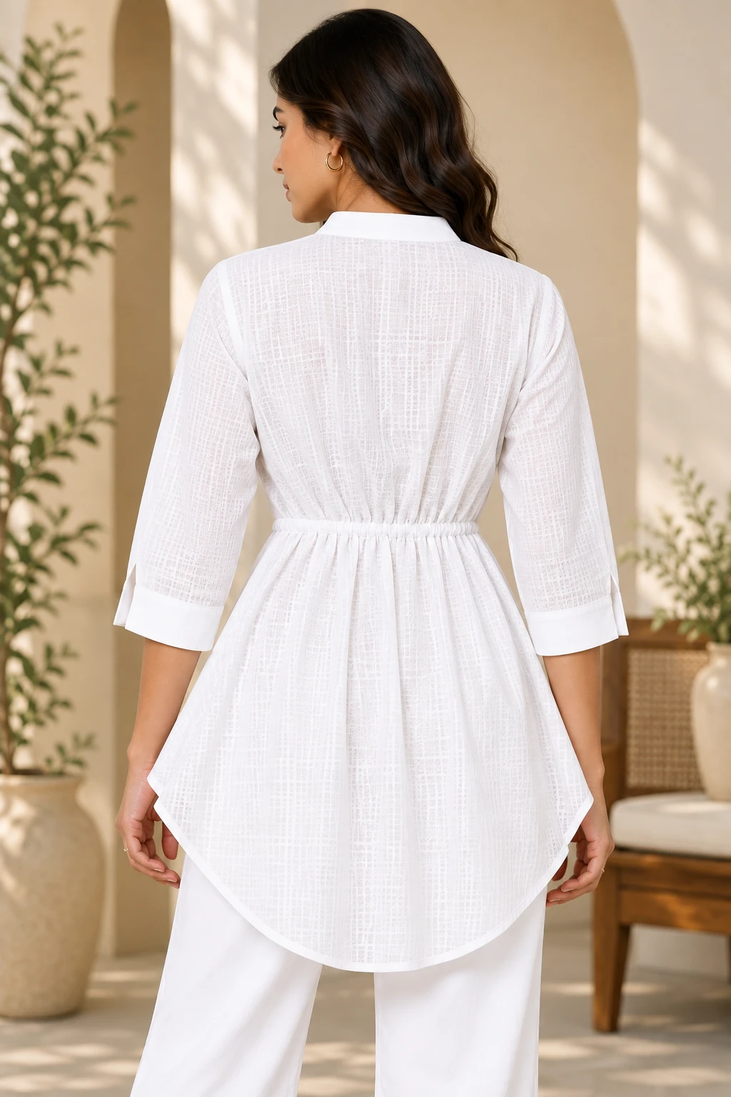 Rear view of white textured tunic with gathered elastic waist, pointed side hem and cuffed slit sleeves
