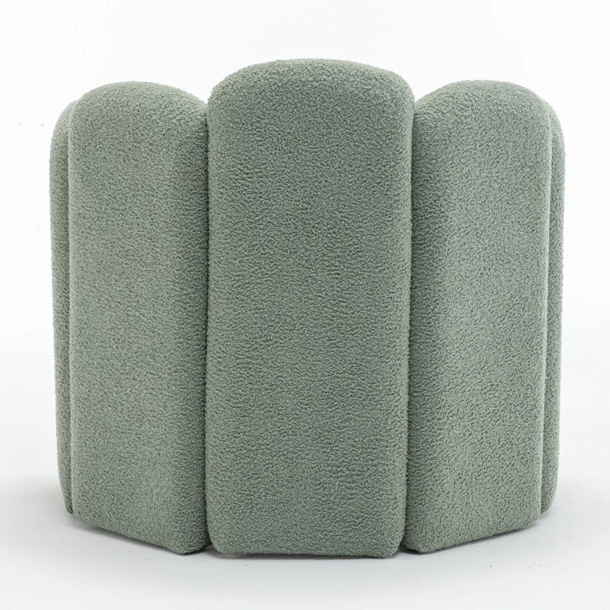 Rear view of sage green boucle accent chair with three rounded back panels