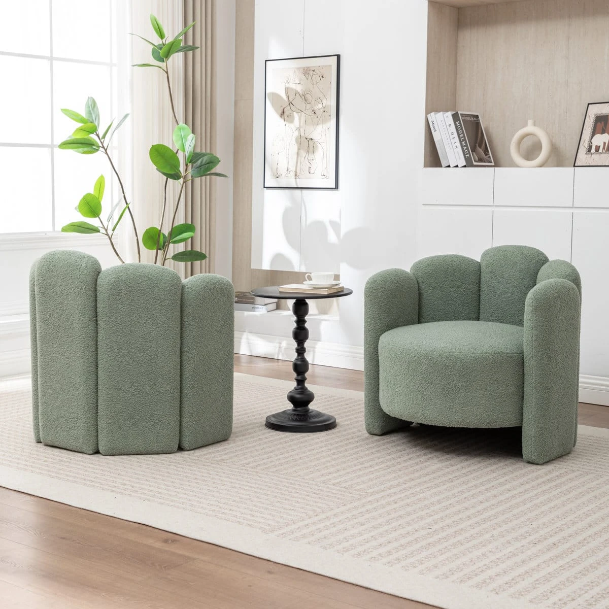 Front and back views of the rounded sage boucle chair shown in a room setting