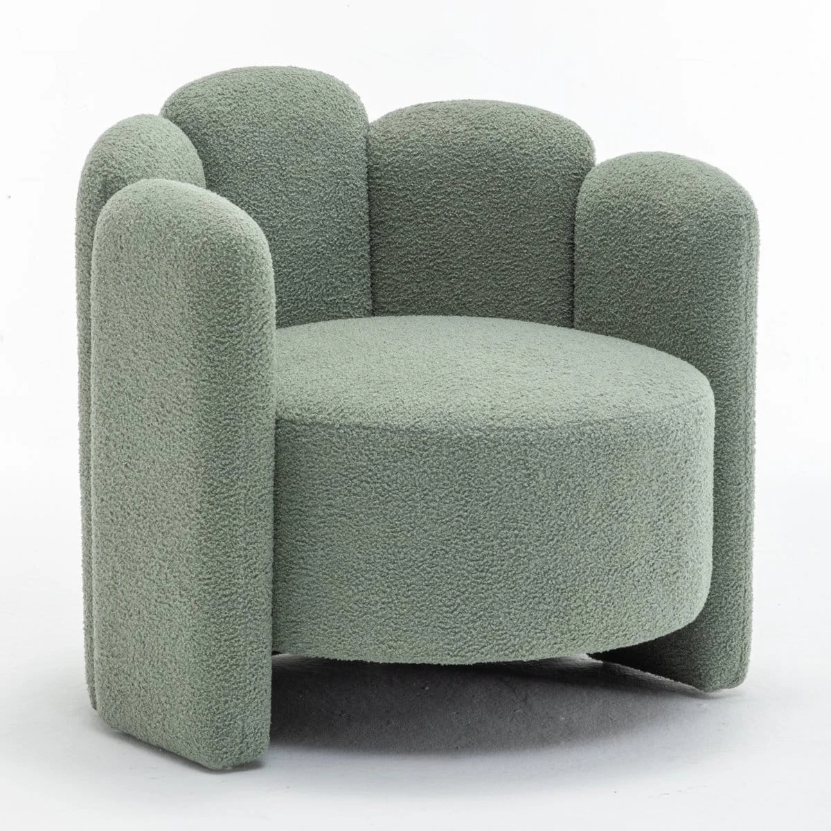 Three-quarter front view highlighting the plush boucle texture and wraparound arms