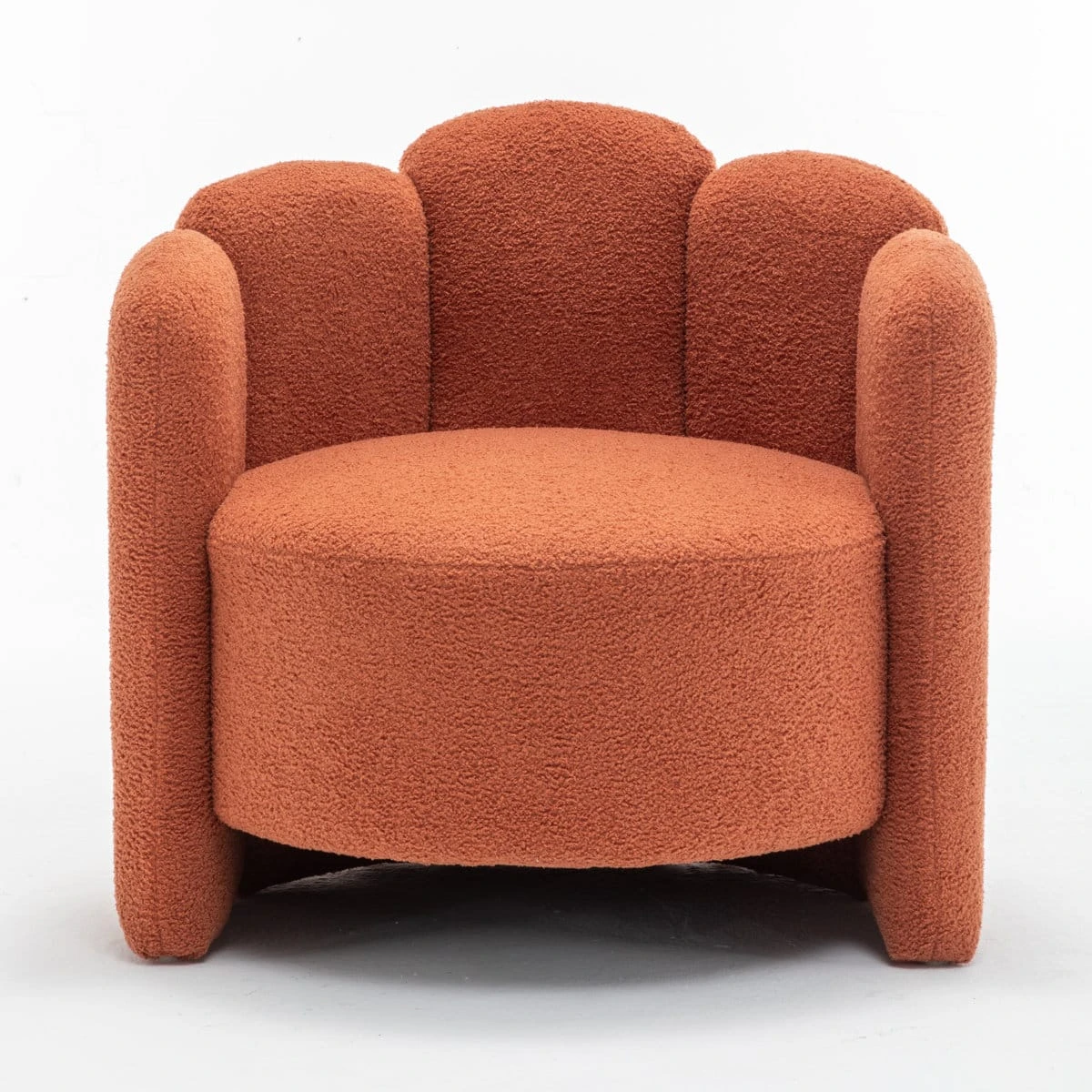 Front view of the rust upholstered barrel chair with thick cylindrical arms and curved backrest