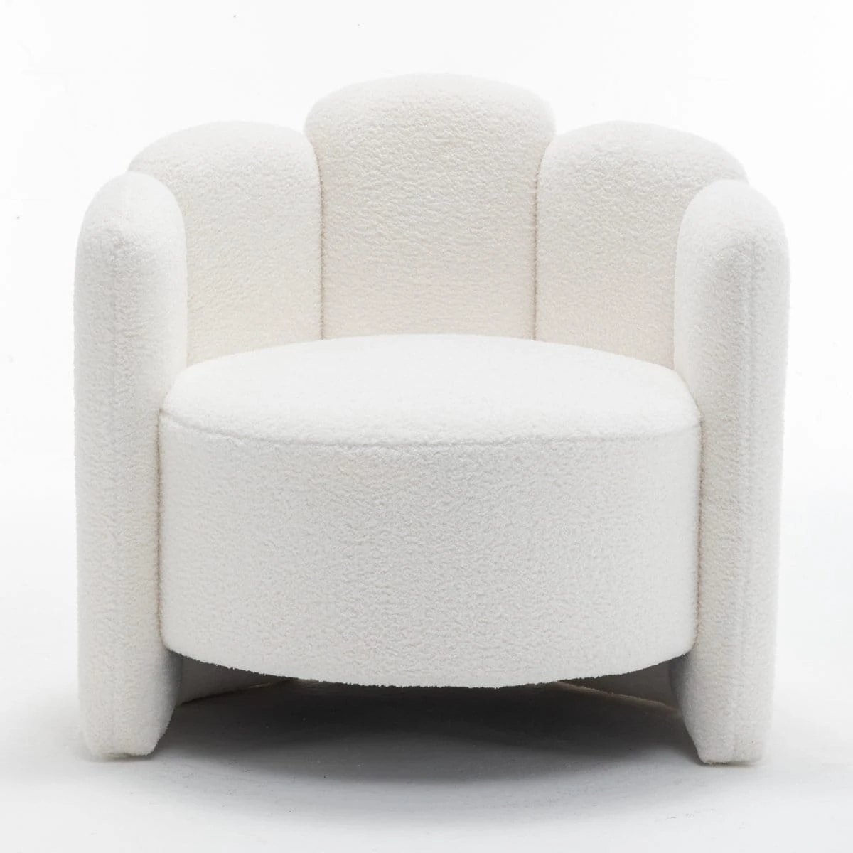 Front view of the rounded off-white boucle armchair with curved backrest and thick arms