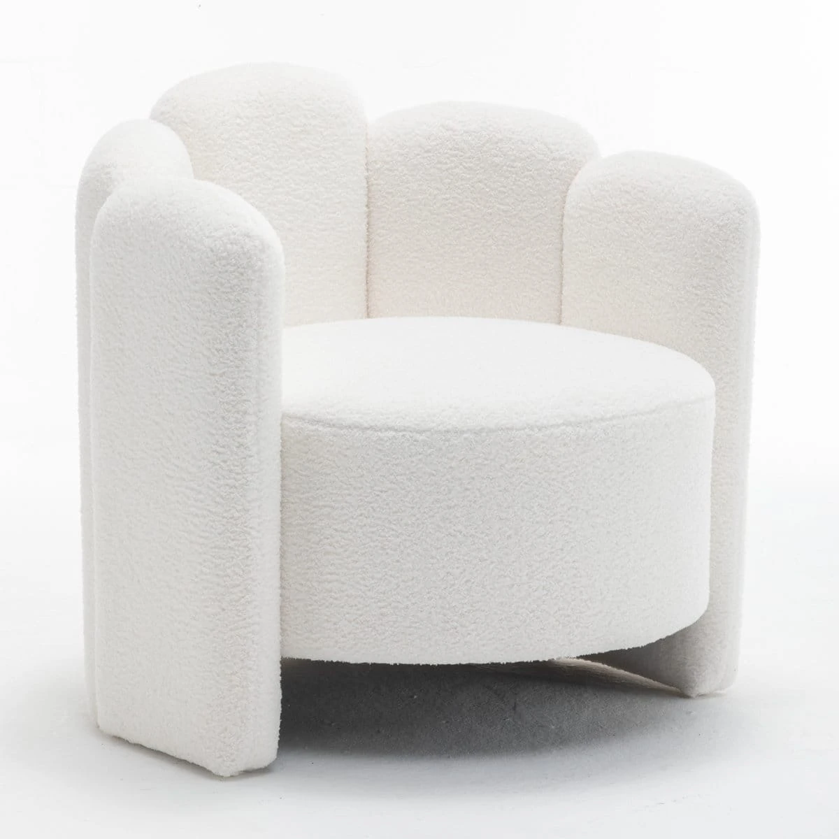 Angled front-left view showing the plush boucle texture and sculptural barrel shape