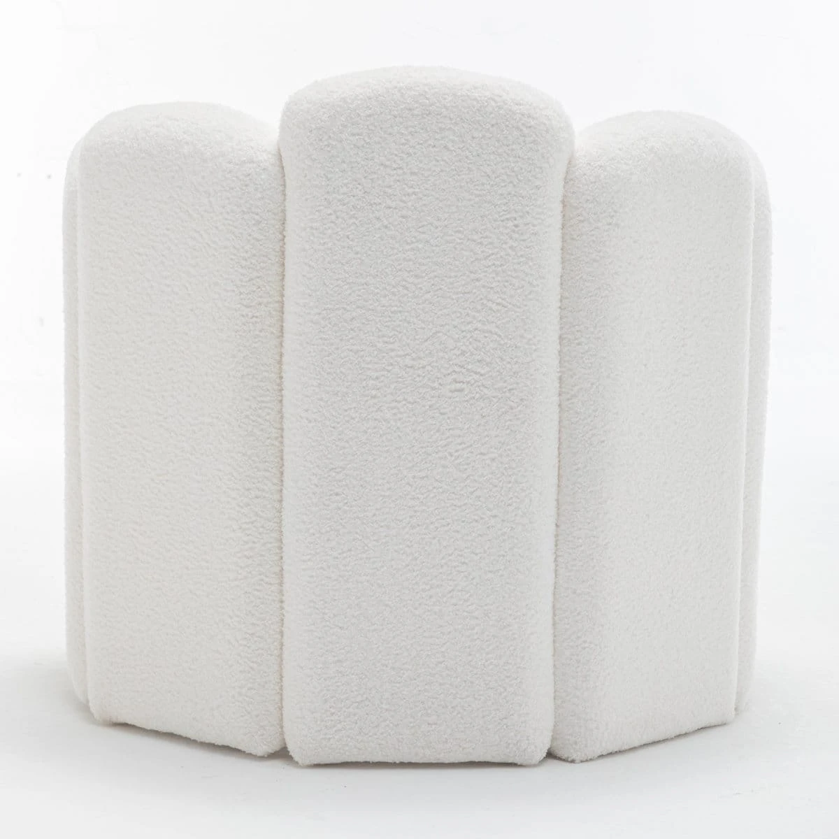 Rear view of the chair highlighting the three-panel curved back in off-white boucle