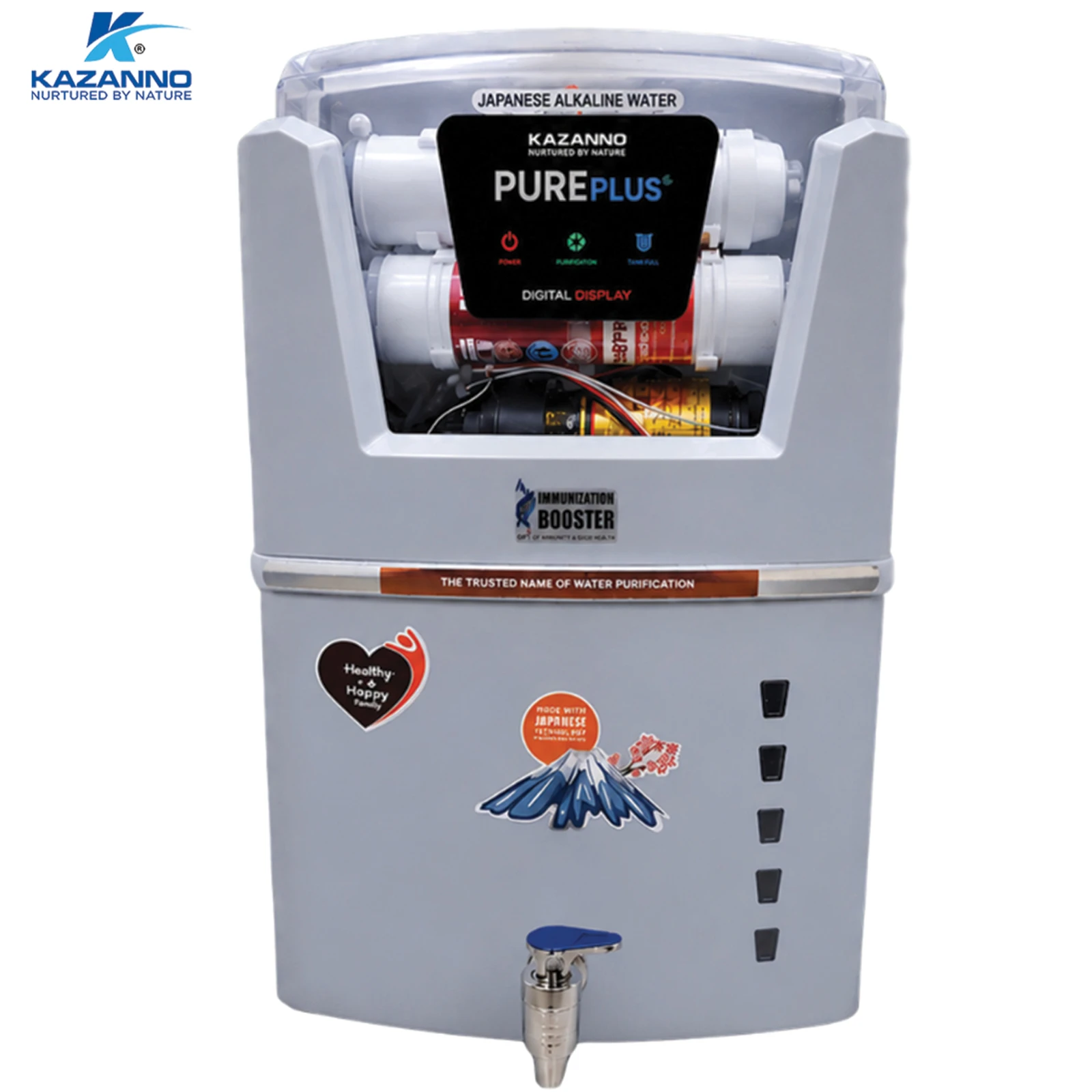 Light grey Kazanno PUREPLUS purifier showing clear filter chamber, status panel and front tap