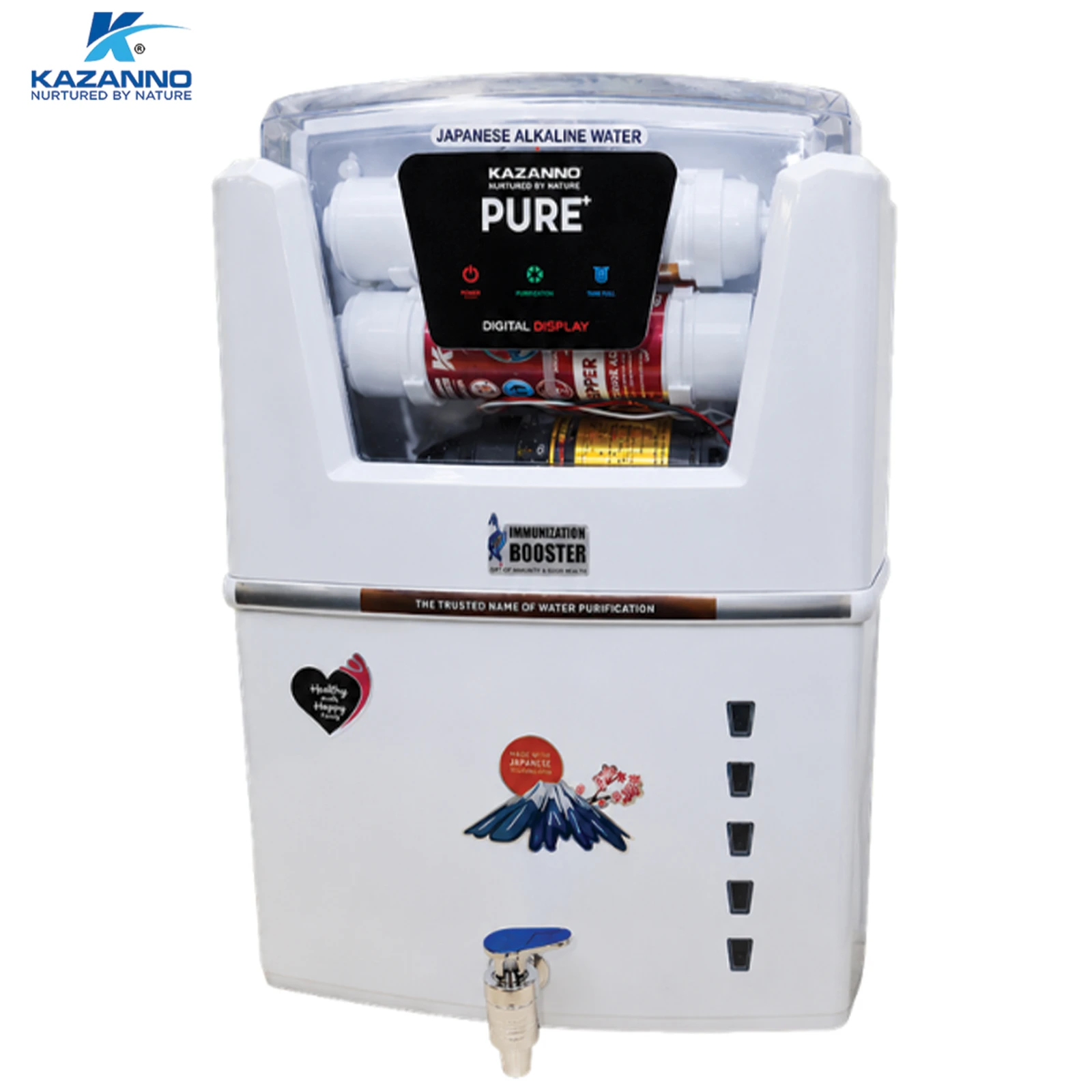 White Kazanno PURE+ purifier front view with visible internal cartridges and right-side indicator windows