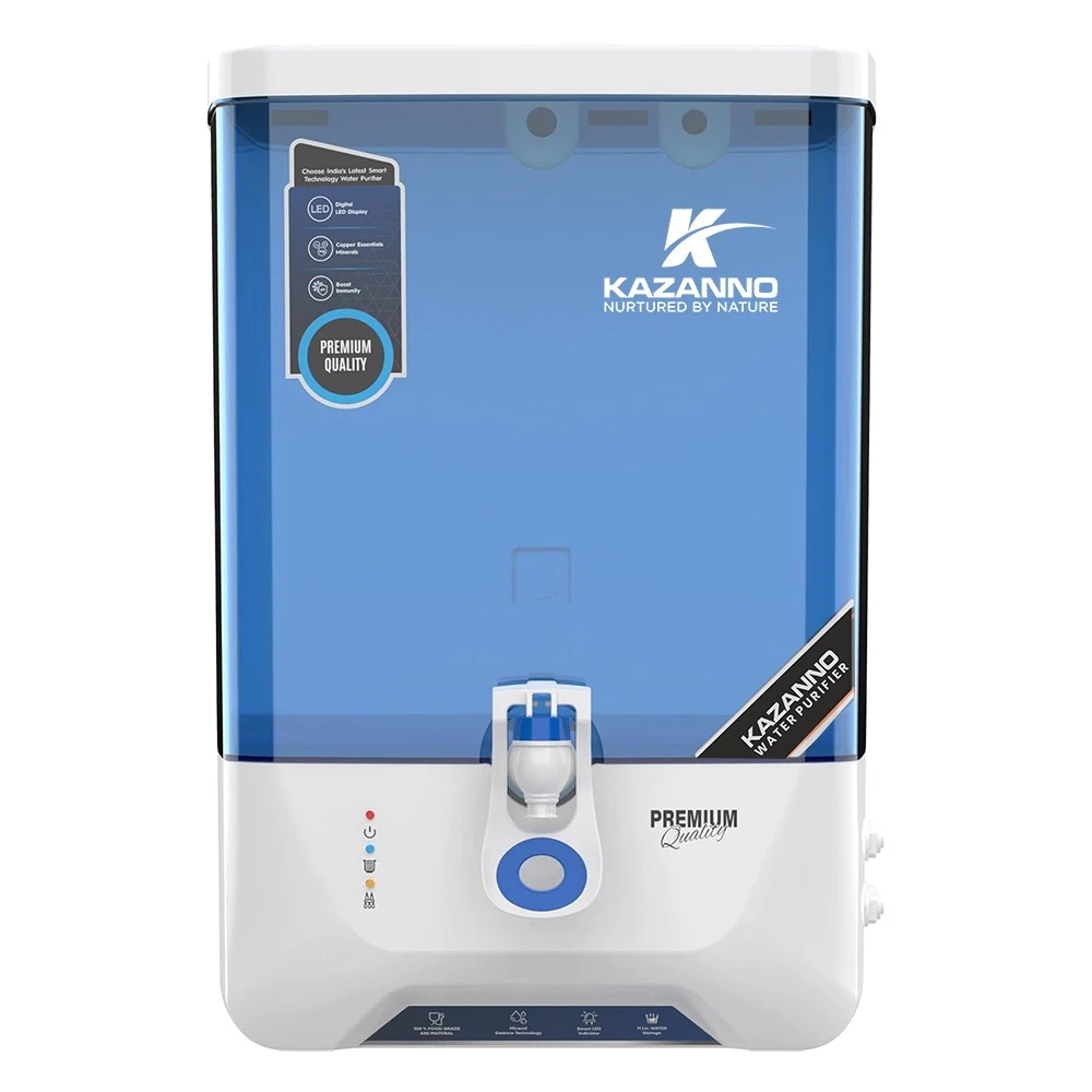 White and blue front view water purifier showing branding, feature sticker and dispensing tap