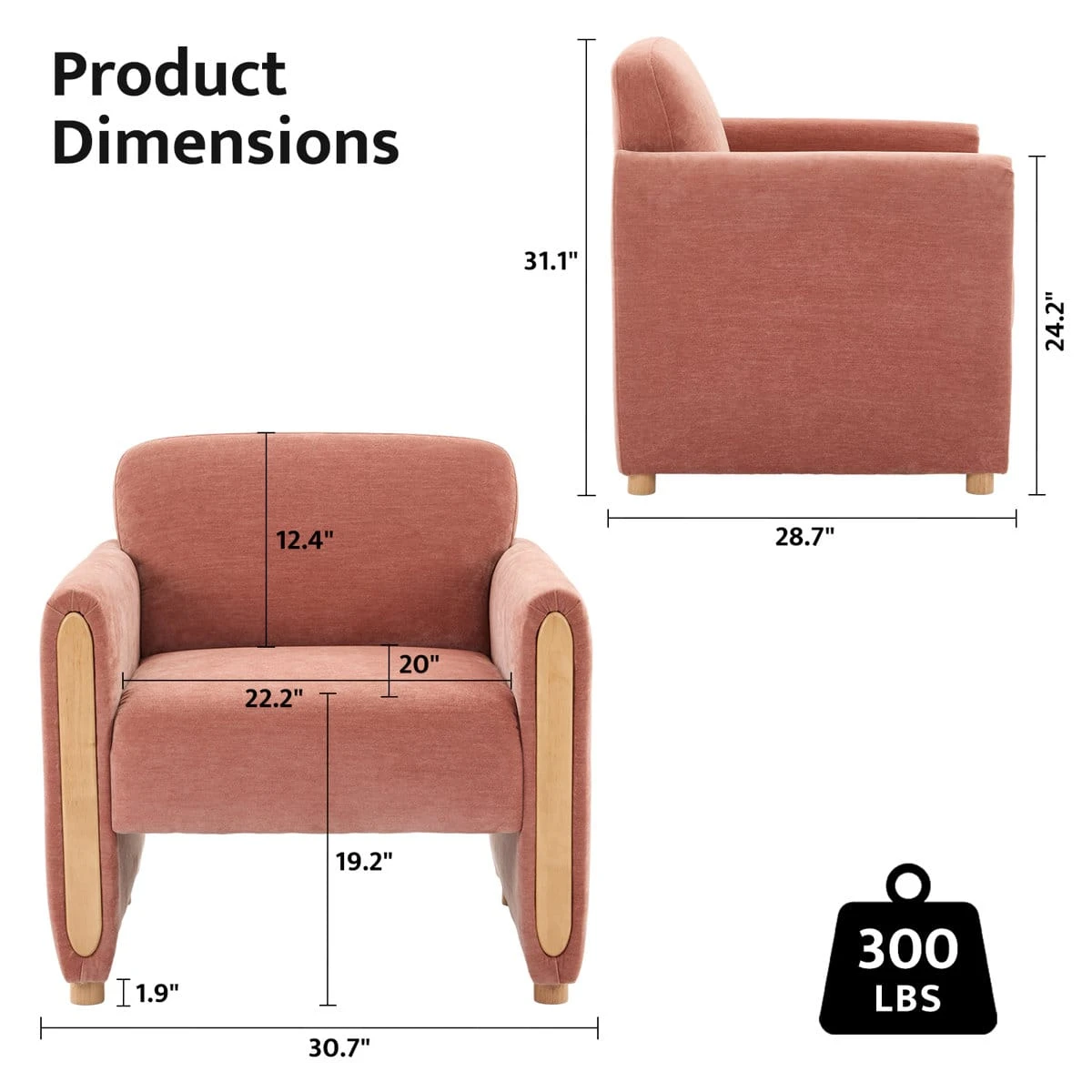 Dimension chart showing front and side measurements of the pink accent chair with 300 lb capacity