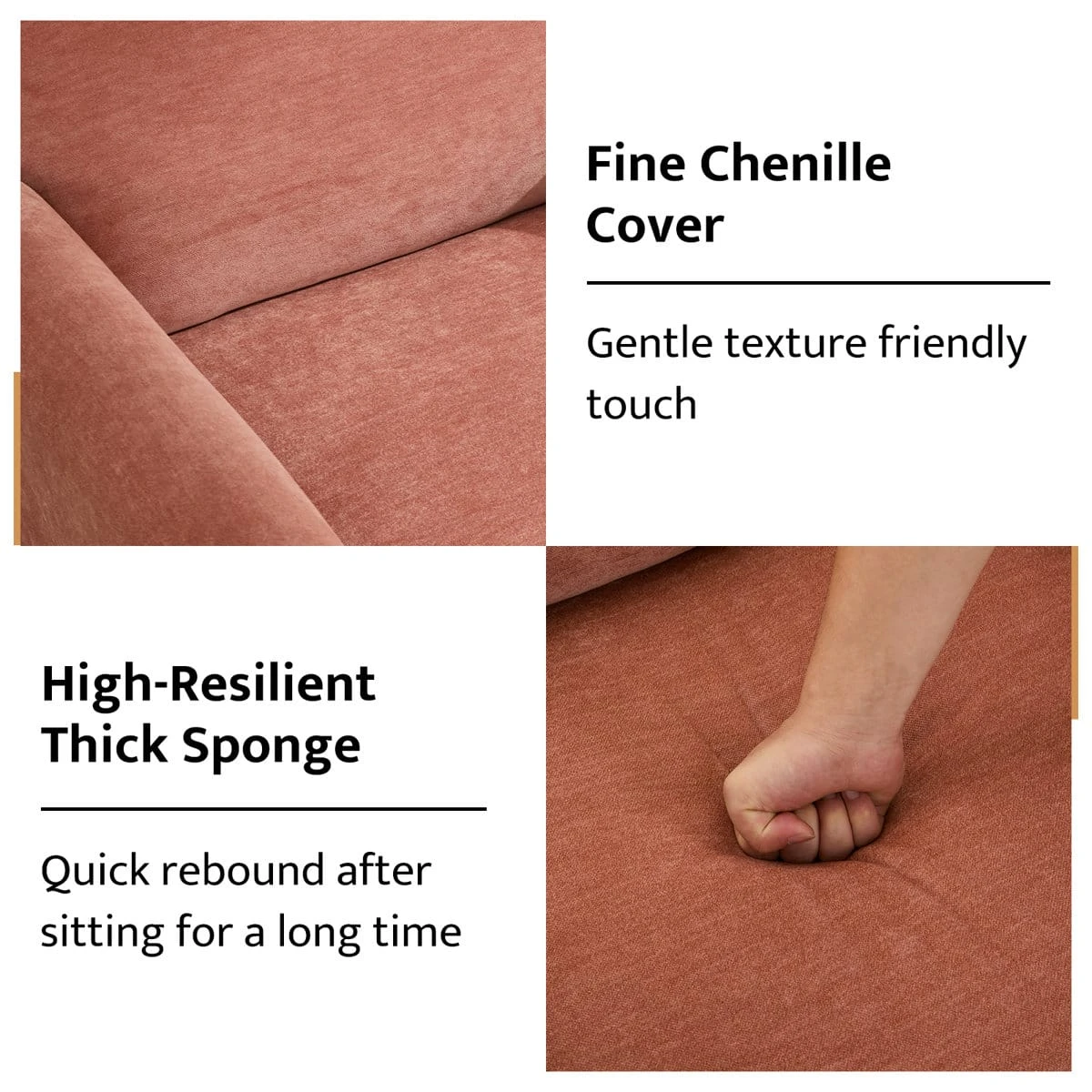 Close-up of pink chenille upholstery and cushioned seat pressed by hand to show softness