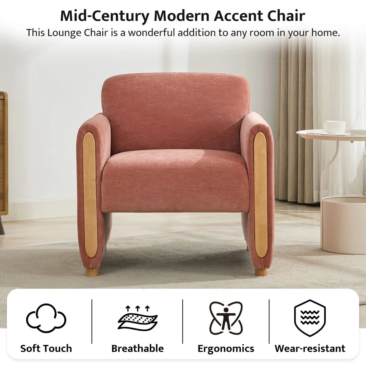 Front view infographic of the pink mid-century accent chair with comfort and durability icons