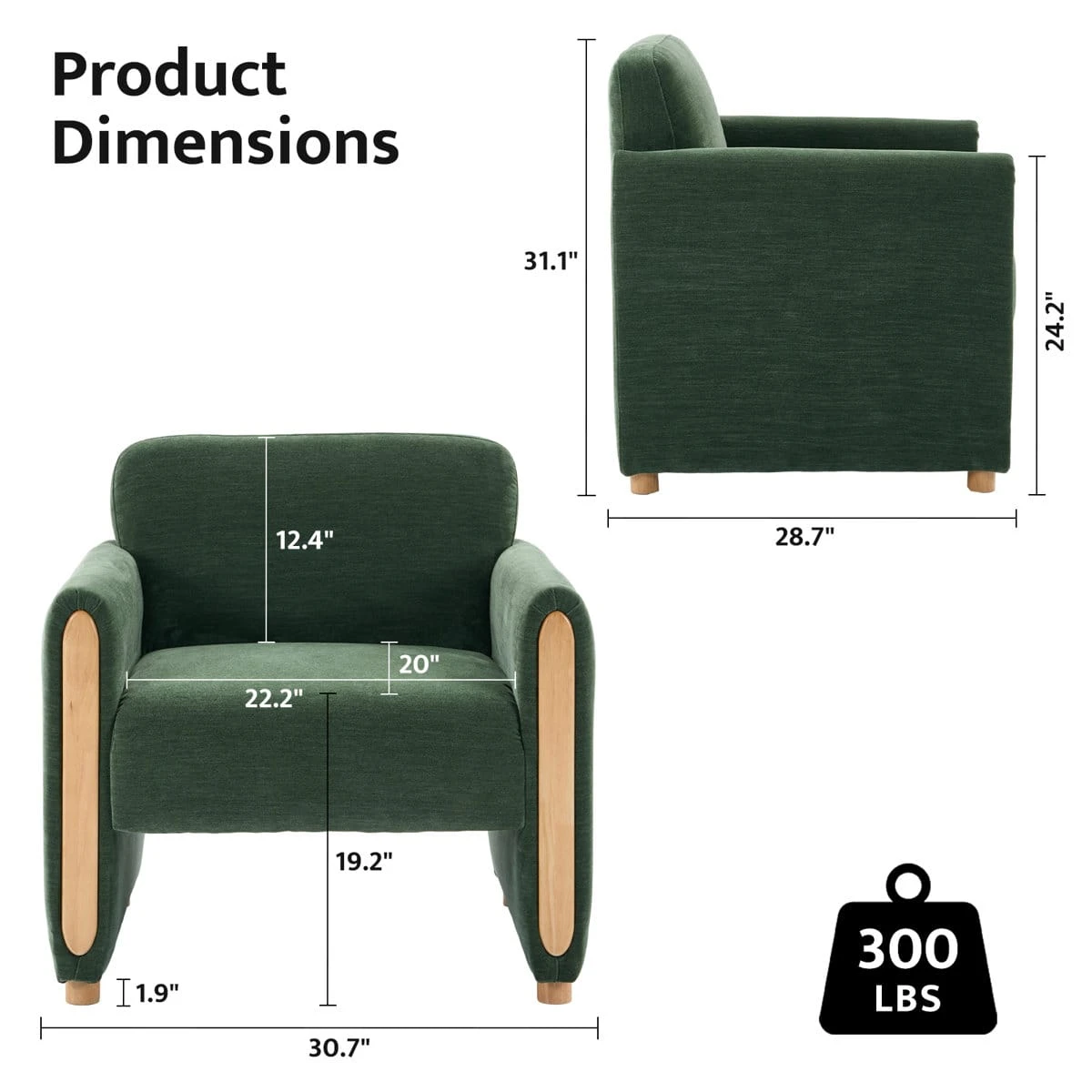 Dimension chart showing front and side measurements of the green armchair and 300 lb capacity