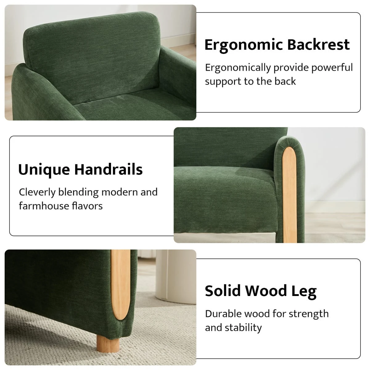 Feature collage highlighting ergonomic backrest, wood-trim armrest detail, and solid wood leg