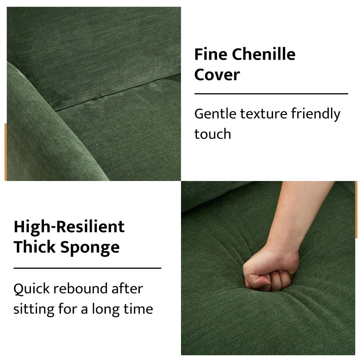 Close-up of green chenille upholstery and seat cushion pressed by hand to show rebound