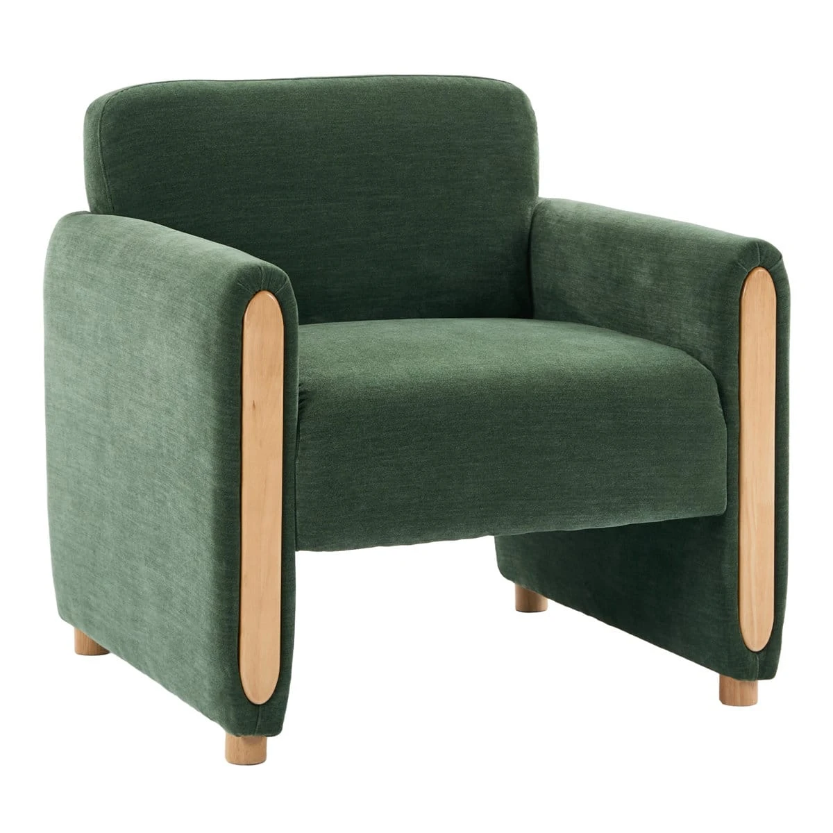 Isolated studio-style view of the green upholstered armchair on a white background