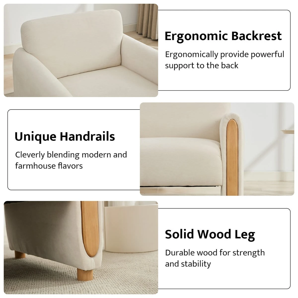 Feature collage showing ergonomic backrest, wood-trim armrests, and solid wood leg details