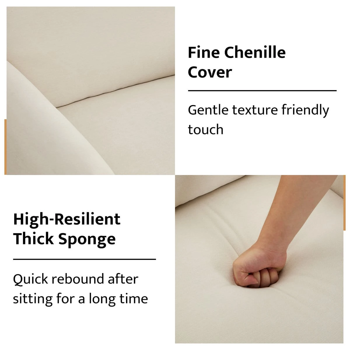 Close-up panels of cream chenille upholstery and cushioned seat pressed by hand to show resilience