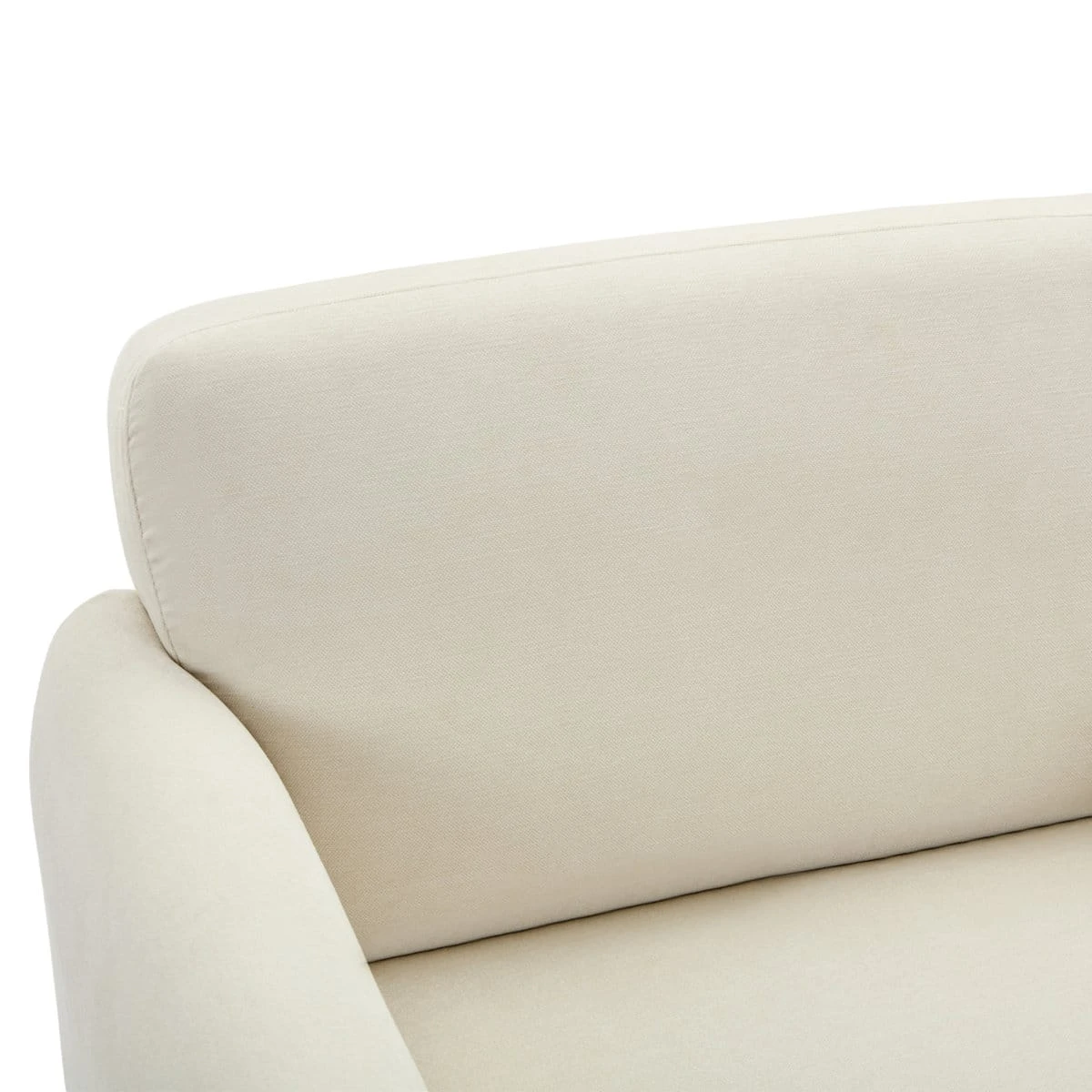 Tight close-up of the chair's upper backrest and left arm in cream chenille fabric