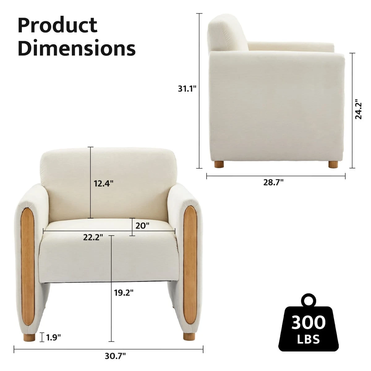 Dimension diagram showing front and side measurements of the cream accent chair with 300 lb capacity