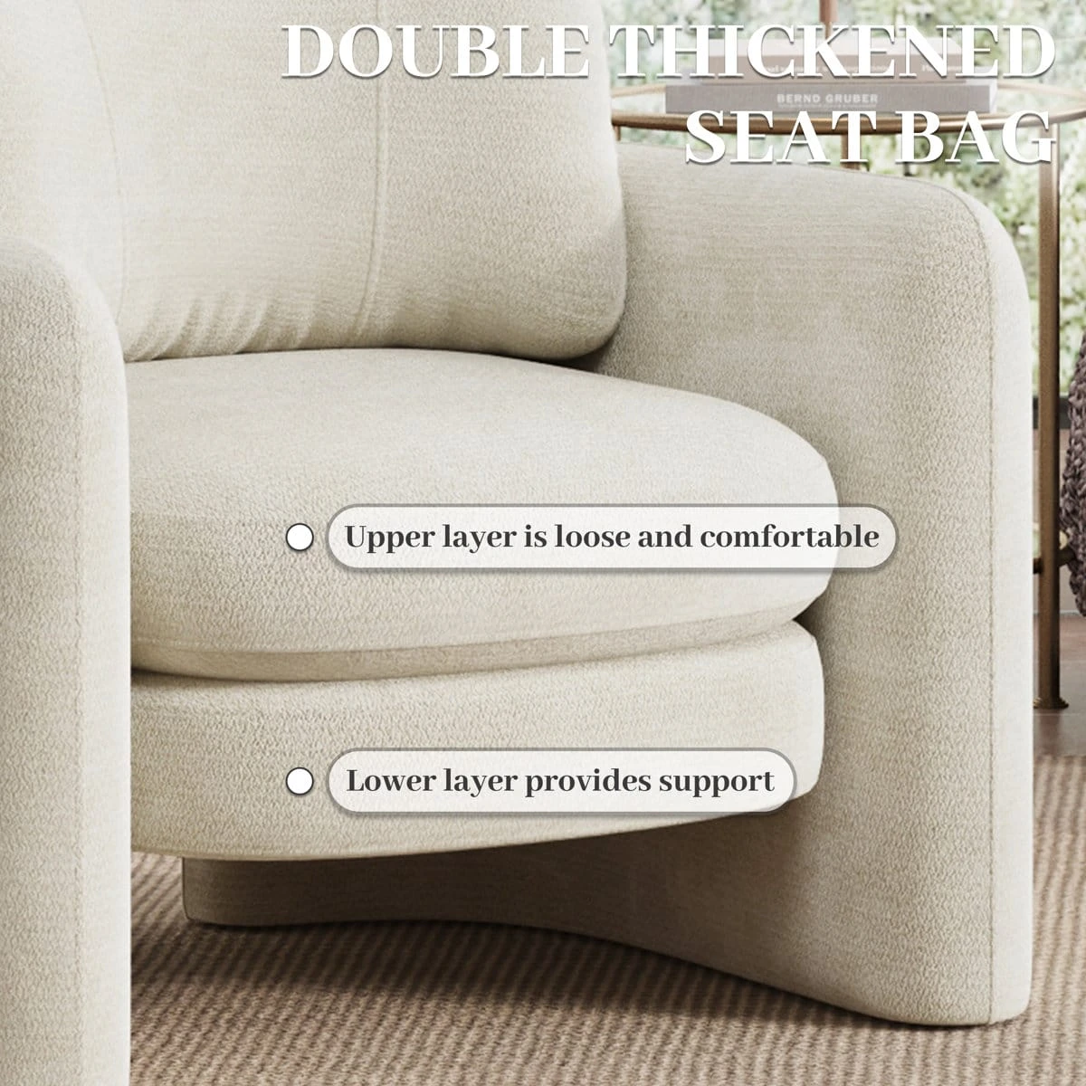 Infographic showing the double-thick seat cushion with comfort and support callouts