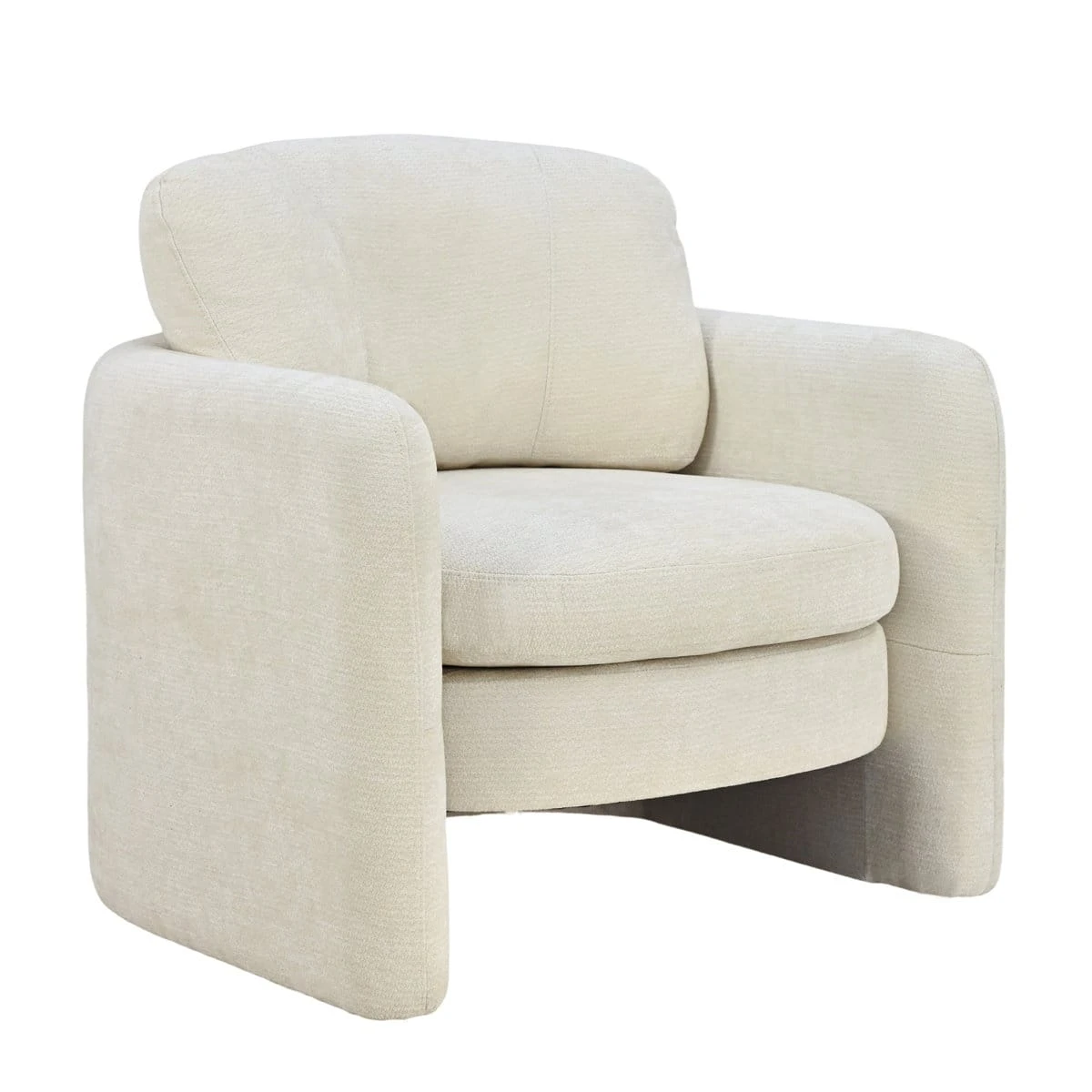 Isolated three-quarter front view of the cream upholstered chair on a white background