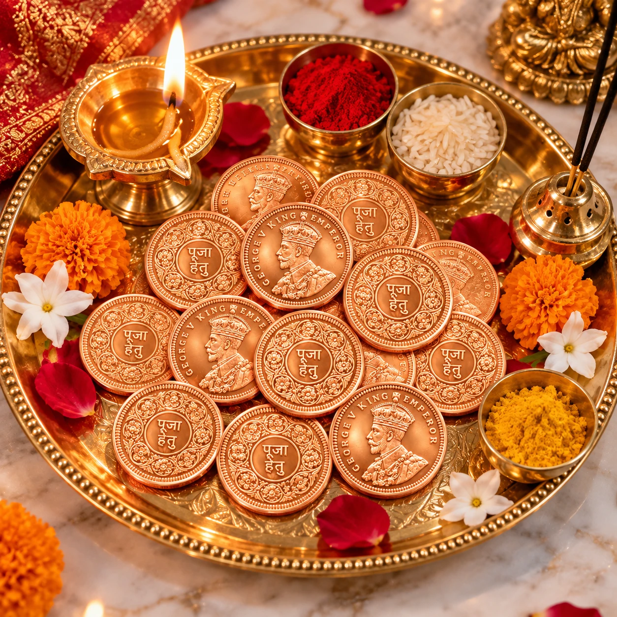 Copper round puja coins arranged on a brass thali with lit diya, kumkum, rice, turmeric and marigold flowers