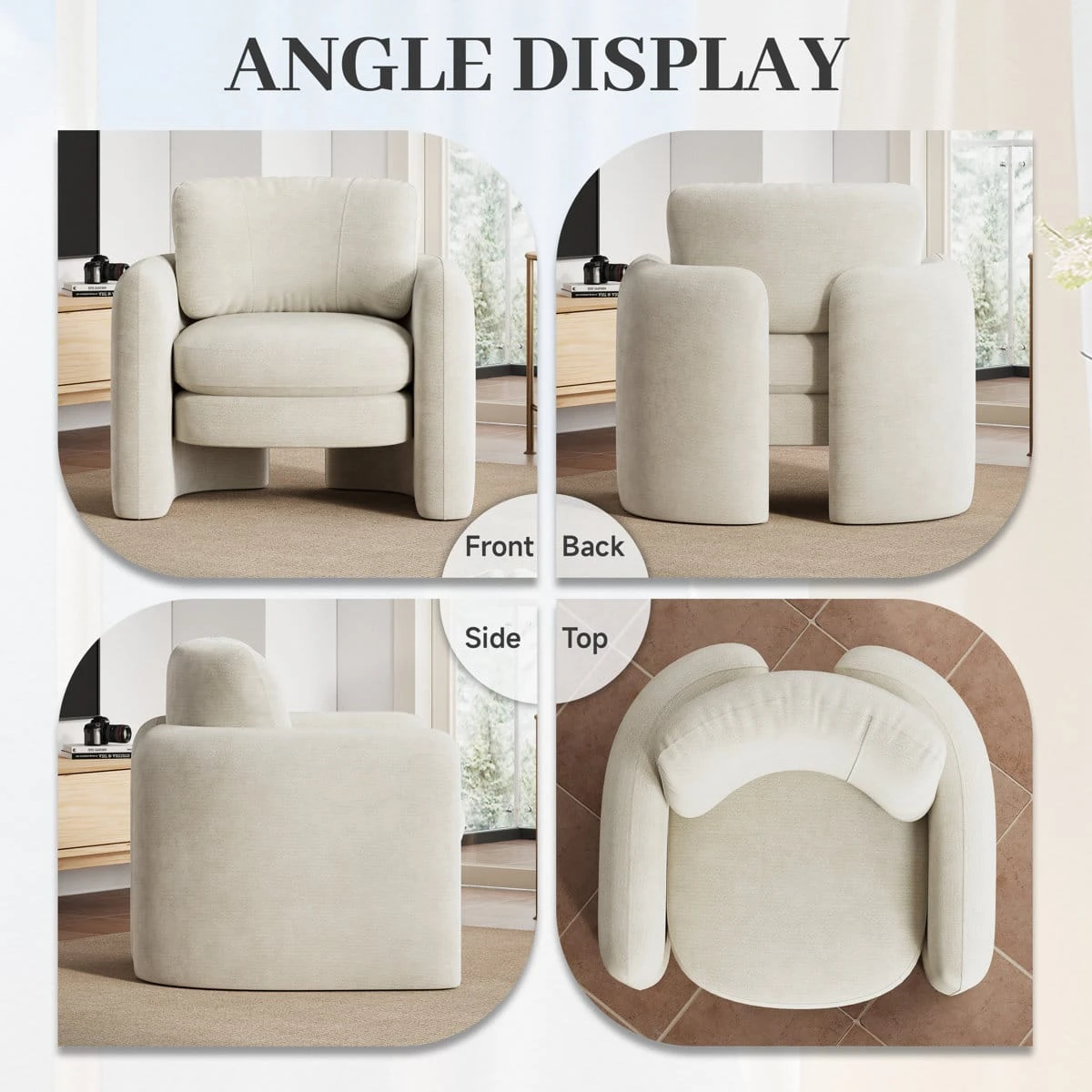 Multi-view collage showing front, back, side, and top angles of the chair