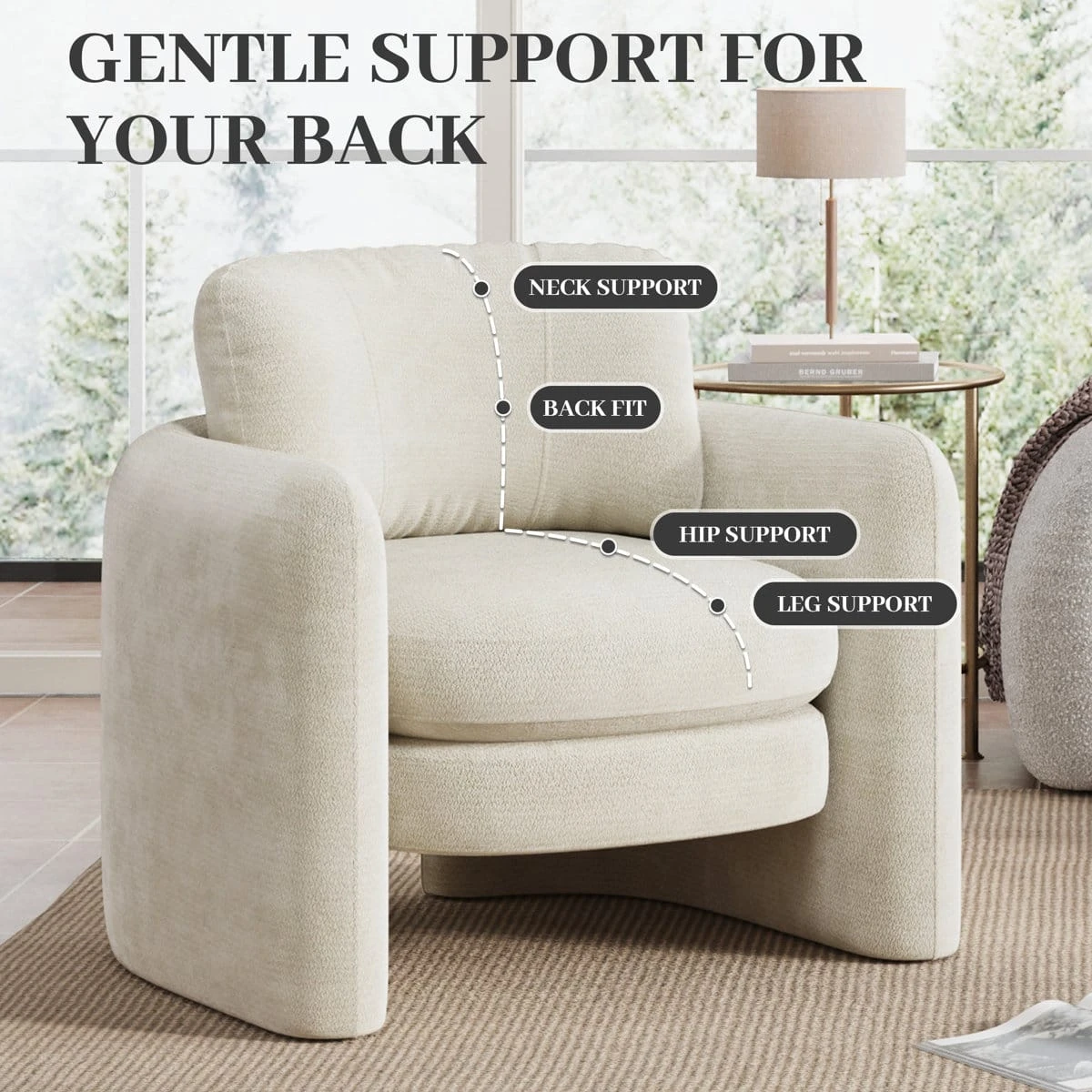 Support diagram highlighting neck, back, hip, and leg support on the chair
