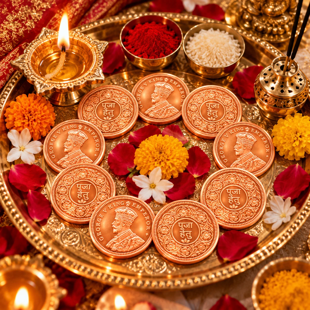 11 copper-tone puja coins displayed on an ornate brass thali with diya, incense holder, kumkum, rice and flowers