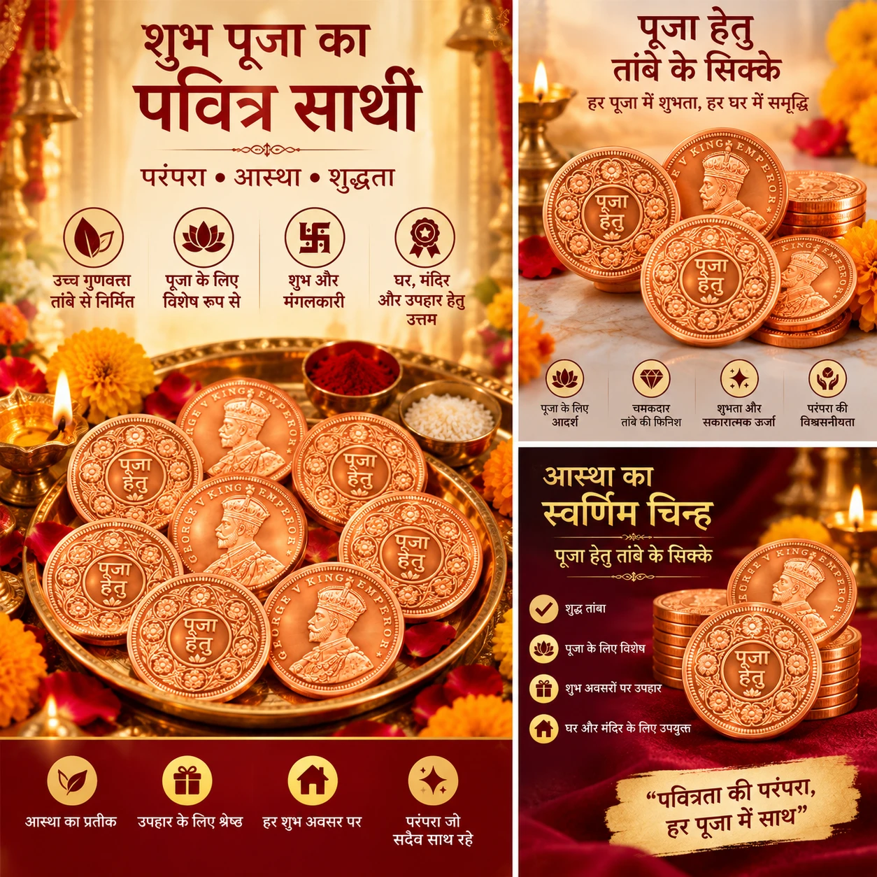 Hindi promotional collage showing copper puja coins on a brass thali with diya, kumkum, rice and feature icons