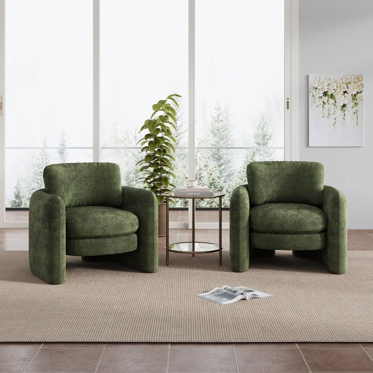 Two matching olive green armchairs displayed side by side with a round side table between them