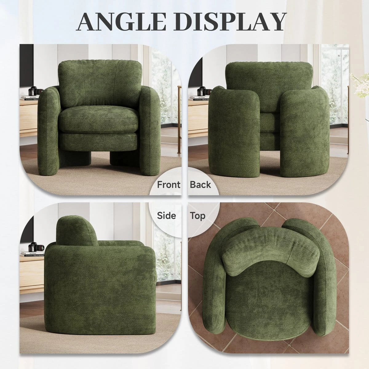 Collage showing front, back, side, and top views of the olive green upholstered chair