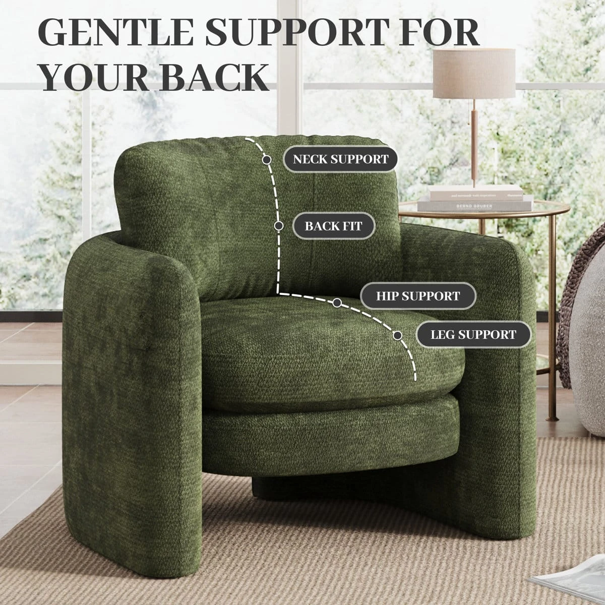 Chair infographic highlighting neck, back, hip, and leg support on the curved seat and back