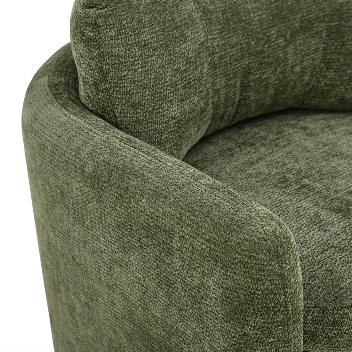 Close-up of the rounded armrest and chenille upholstery texture in olive green