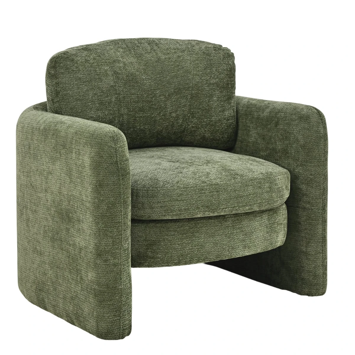 Isolated studio view of the armchair showing the full front and curved block arms