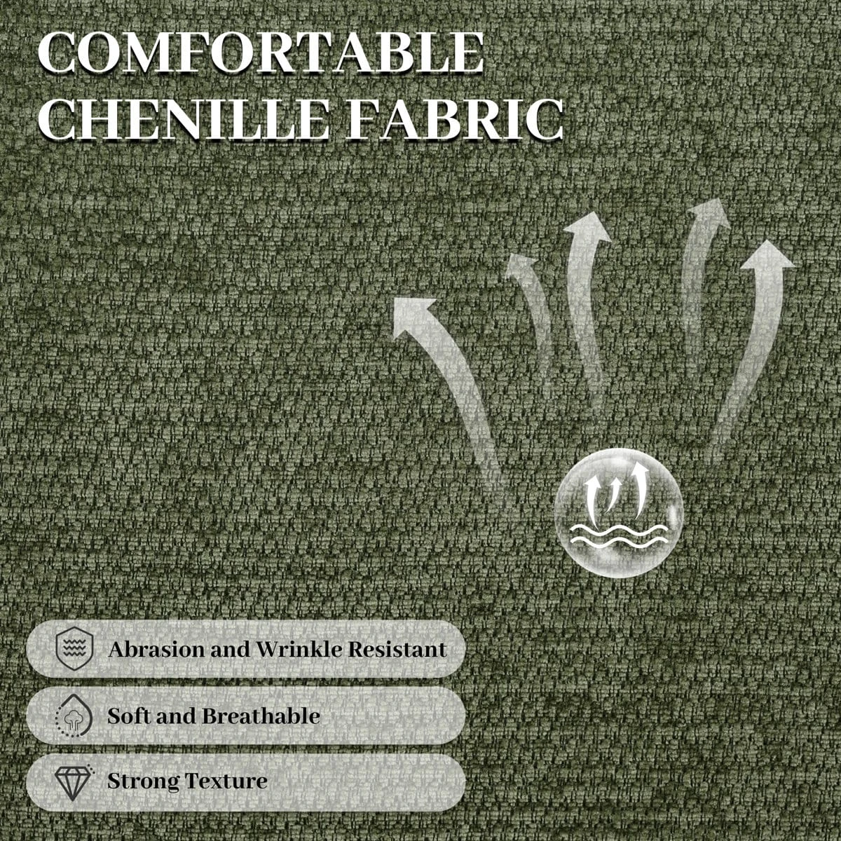 Fabric detail graphic showing textured chenille upholstery with comfort and breathability callouts