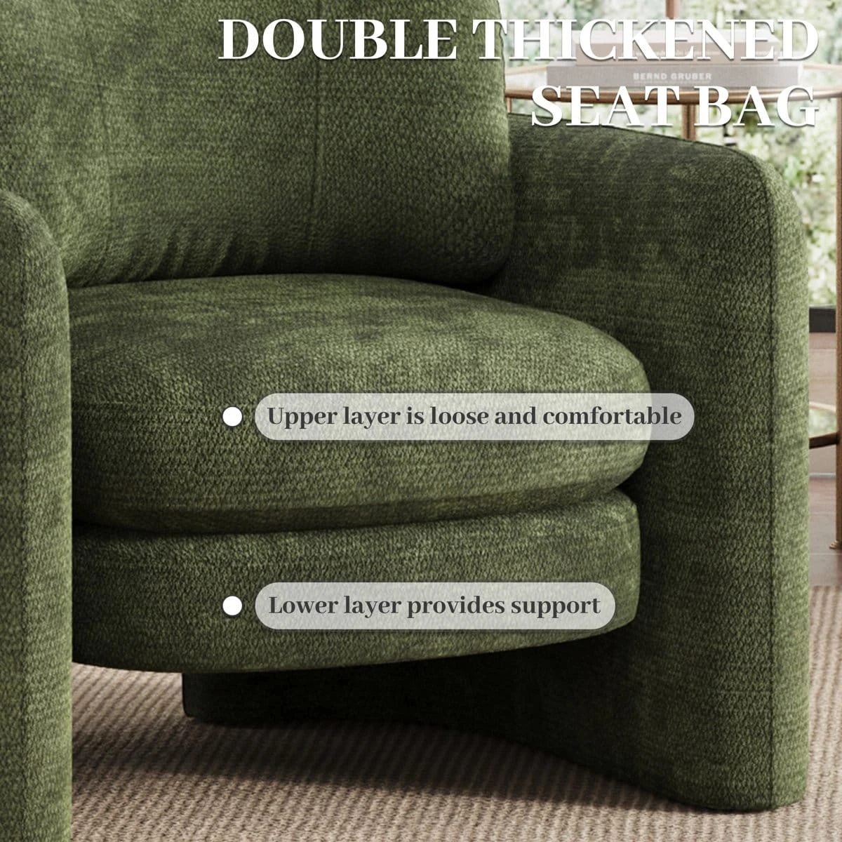 Close-up of the double-layer seat cushion with labels for comfort top layer and support base