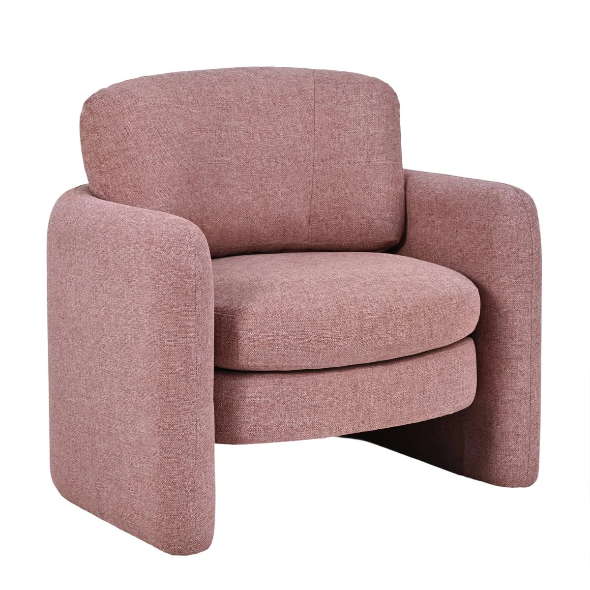Isolated studio view of the blush pink chair highlighting its curved arms and thick seat cushion