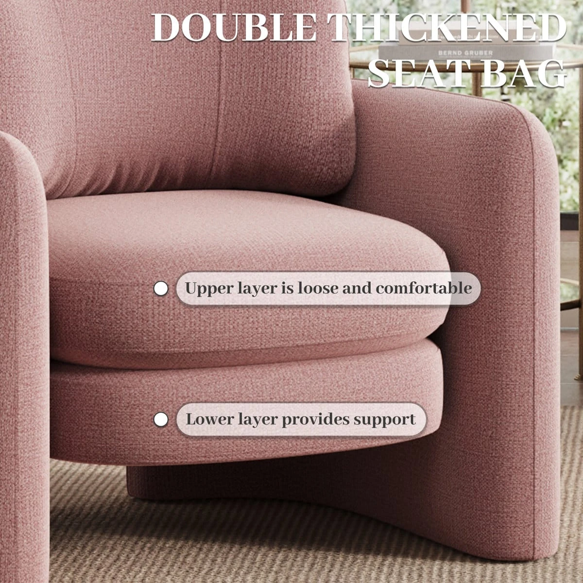 Close-up of the double-layer seat cushion with text describing comfort and support