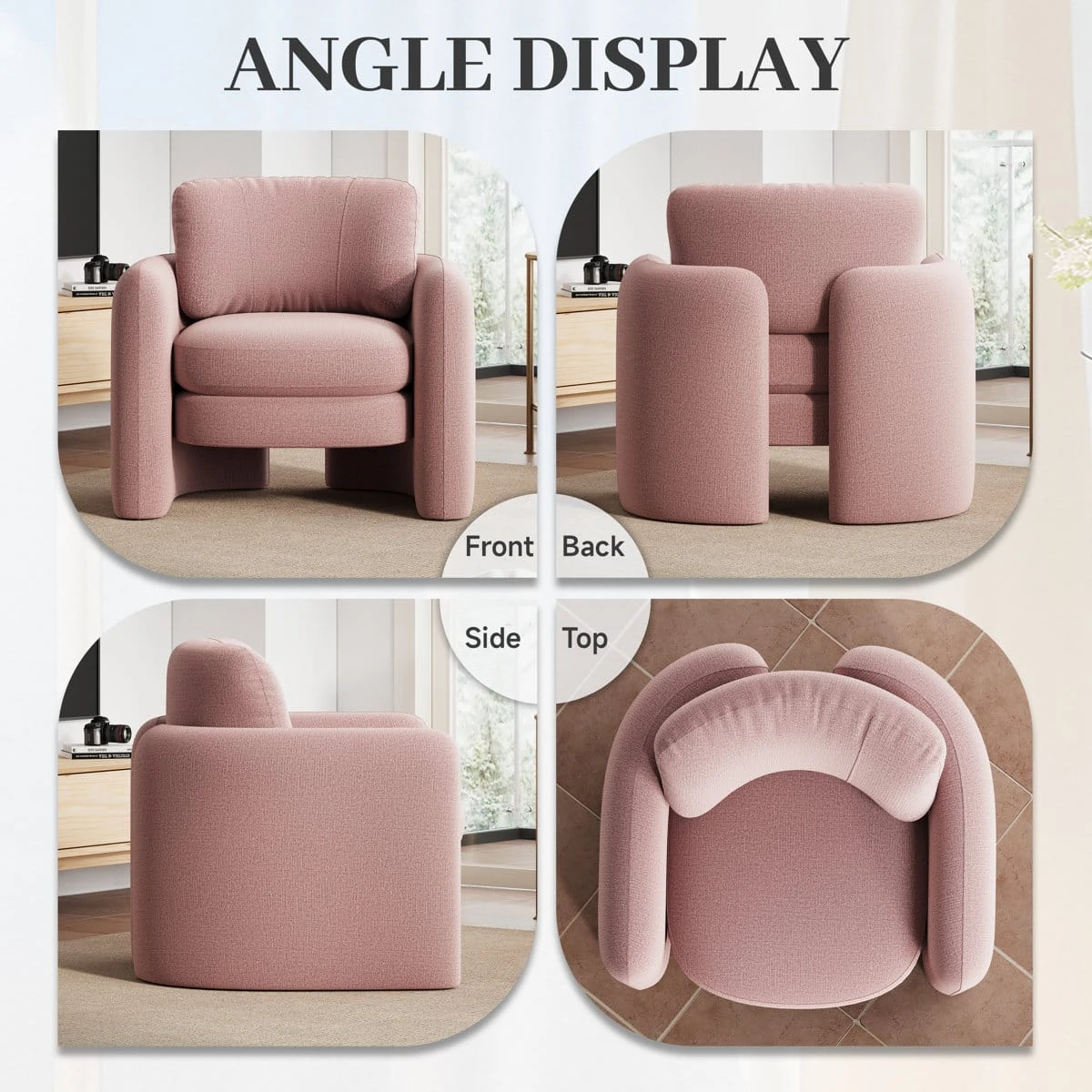 Collage showing front, back, side and top views of the pink upholstered armchair