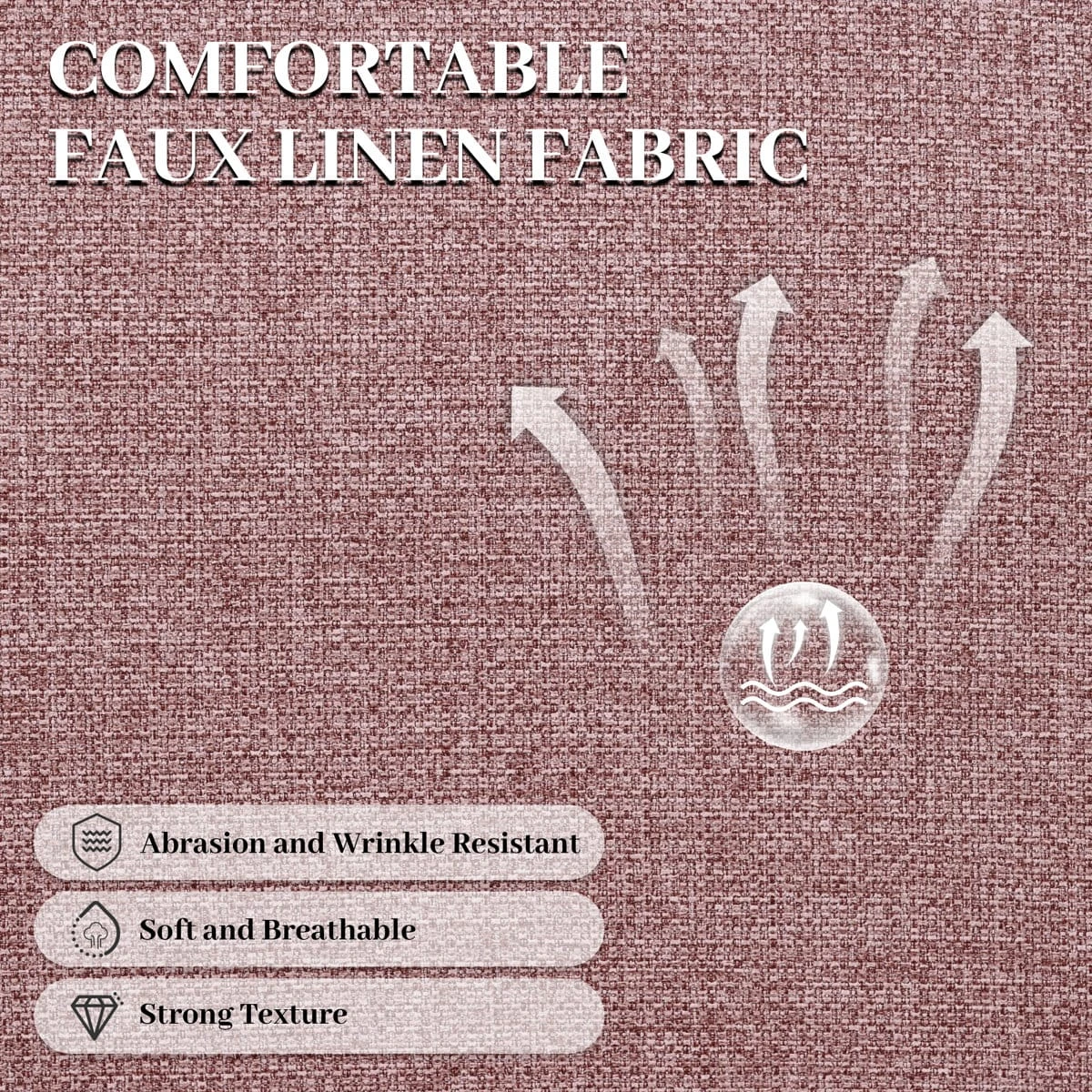 Fabric texture close-up with text about faux linen comfort, breathability and wrinkle resistance
