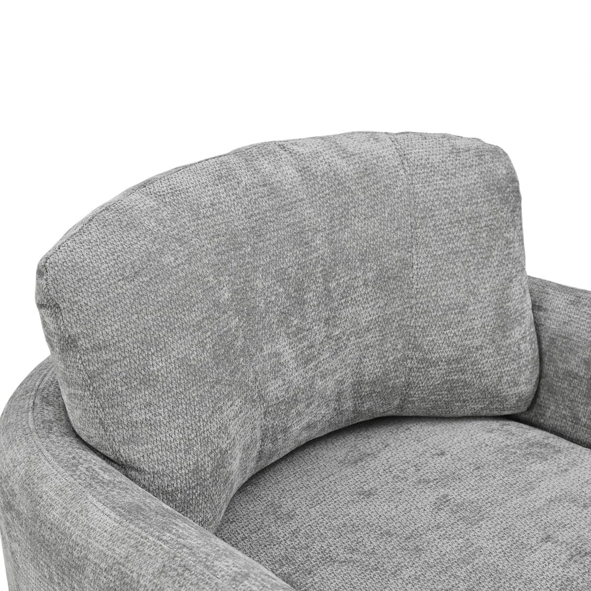 Close-up of the padded backrest and seat cushion in textured grey upholstery