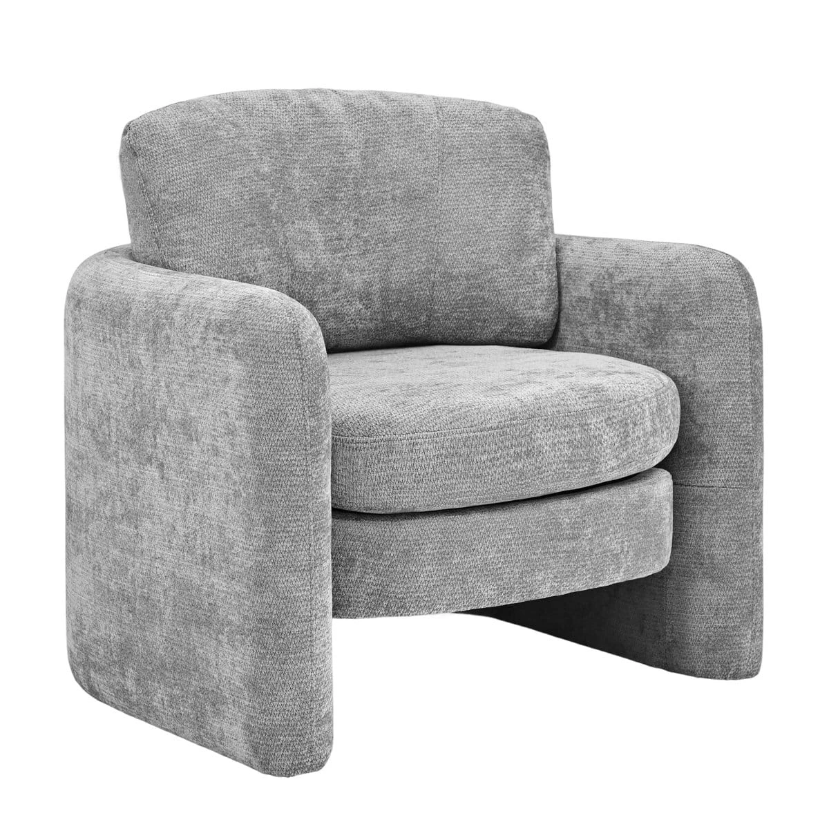 Isolated front view of the rounded armchair showing curved arms and thick seat cushion