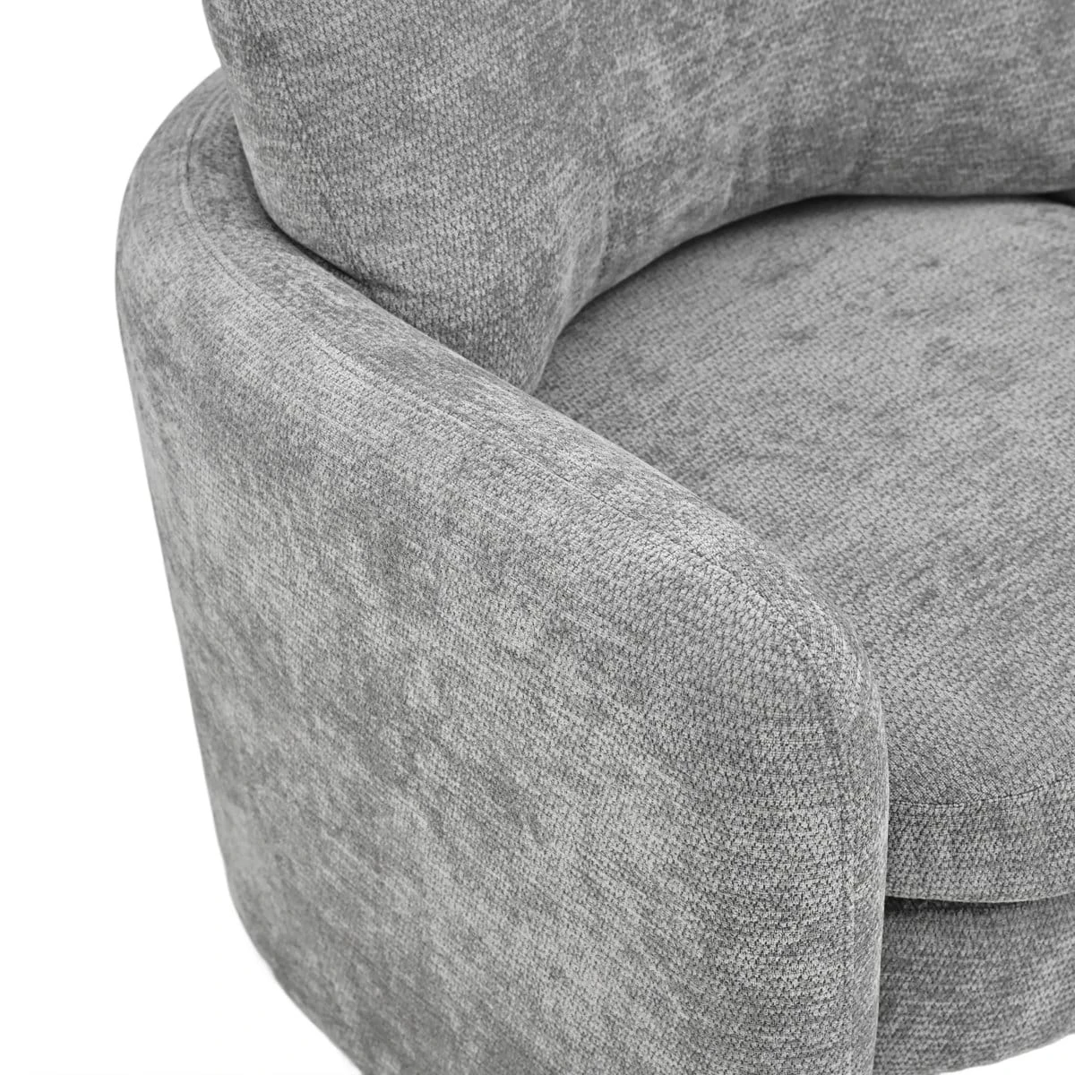 Close-up detail of the left armrest curve and textured light grey fabric upholstery