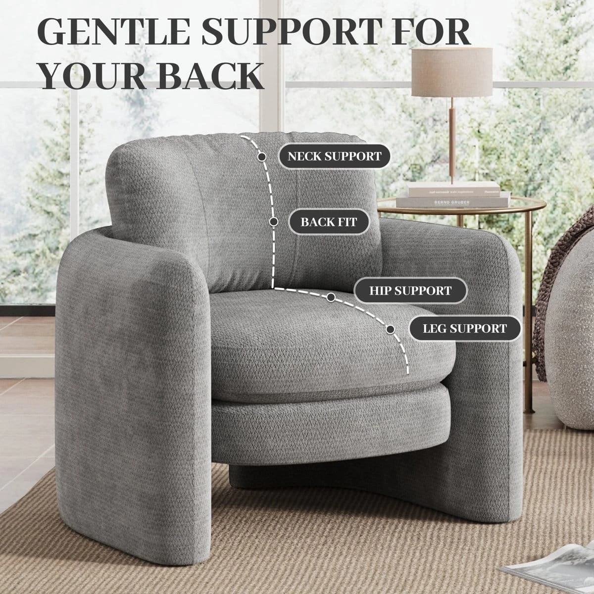 Grey accent chair infographic highlighting neck, back, hip and leg support zones