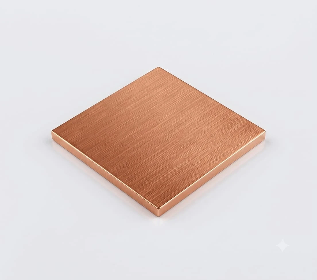 Angled top view of a square copper piece showing slim bevelled edges on a light grey surface