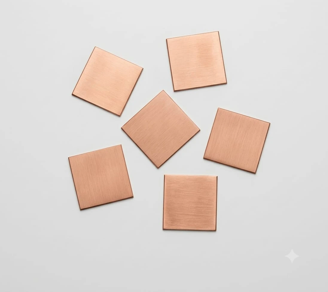 Six  copper square pieces  arranged in a loose circle on a light grey background
